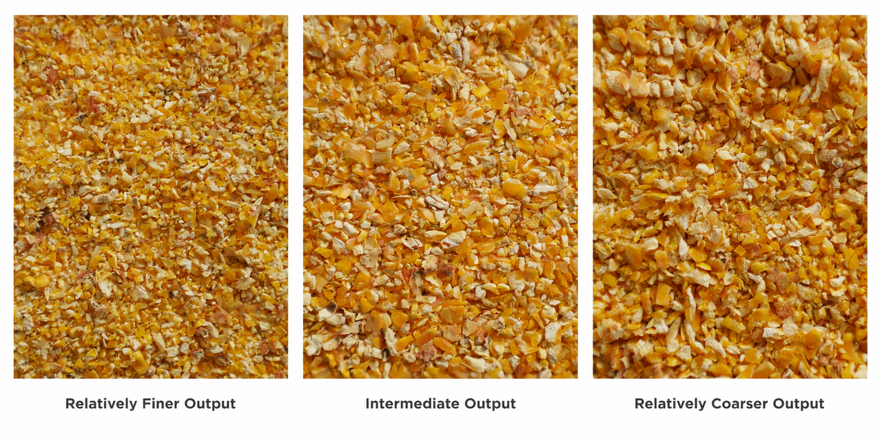 Three corn samples showing relatively finer, intermediate, and relatively coarser output produced under different cracking settings.